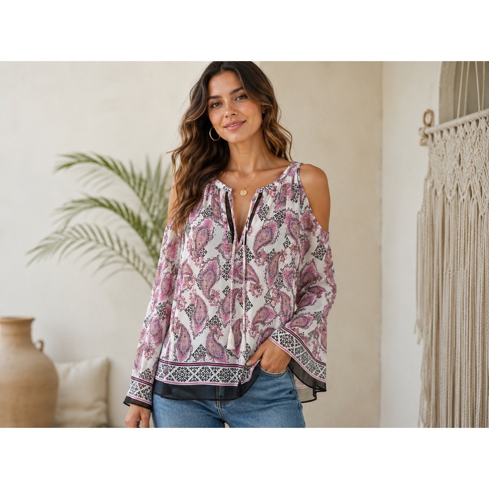 Black‎ Rainn Pink Paisley Cold Shoulder Tassel Tie Blouse 1X BX19023PG1